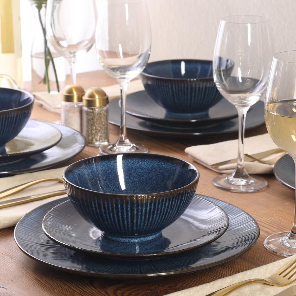 Midnight Luna Plates and Bowls Sets, 12-Piece Stoneware Dinnerware Sets, Reactive Glaze Dish Set - Blue - Image 5