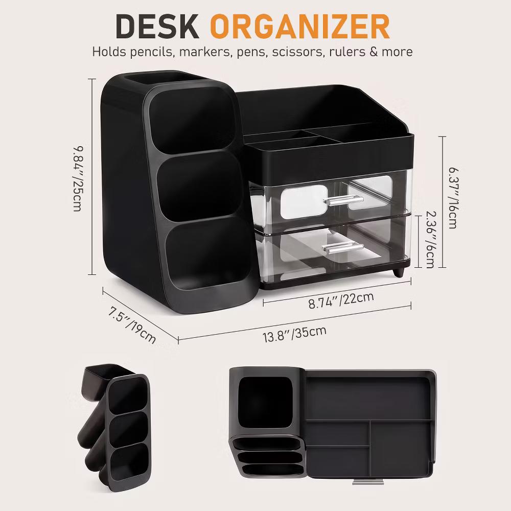 Desktop Organizer with Pen Holder, Multi-Grid Stationary Storage Caddy with 2 Clear Drawers for Office Supplies & Makeup - Image 2