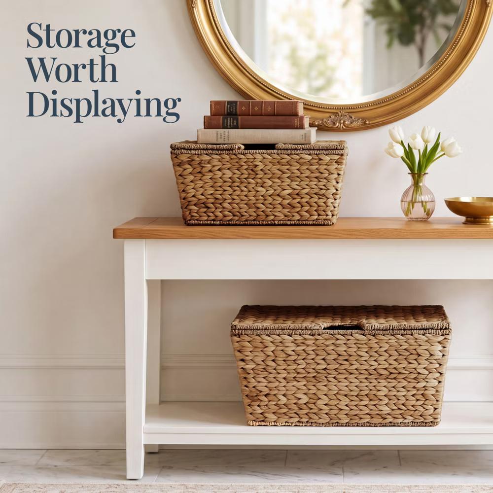 Set of 2 X-Large & Medium Woven Storage Baskets W/Lids, Hyacinth Nesting Organizer Bins - Natural - Image 16