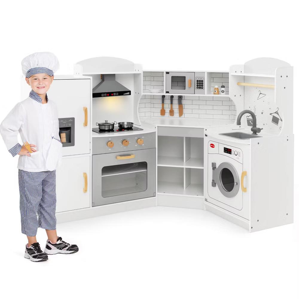 Corner Play Kitchen Toddler Kitchen Playset with Range Hood, Ice Maker, Microwave White/Pink - Image 38