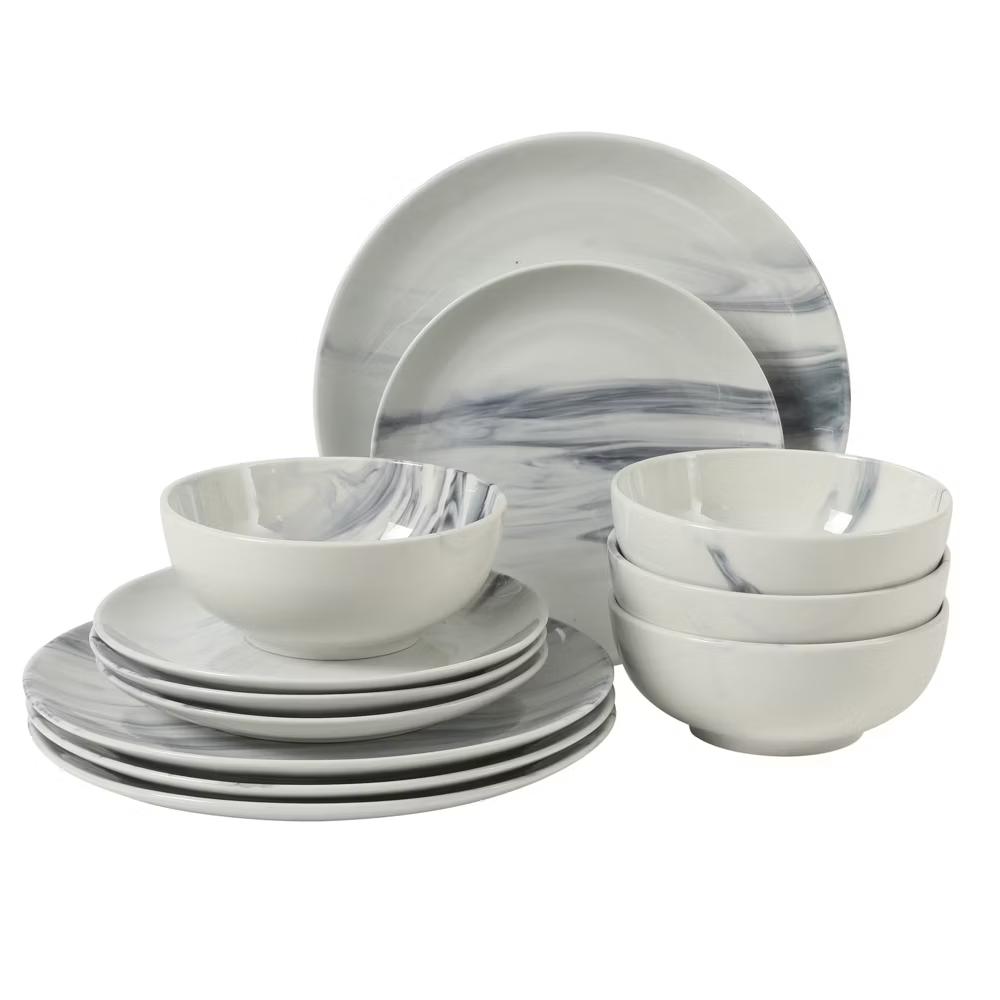 Cloudlight 12 Piece Plates and Bowls Dishes Brown and White - Decorated Porcelain Ceramic Dinnerware Set - Service for 4 - Image 13
