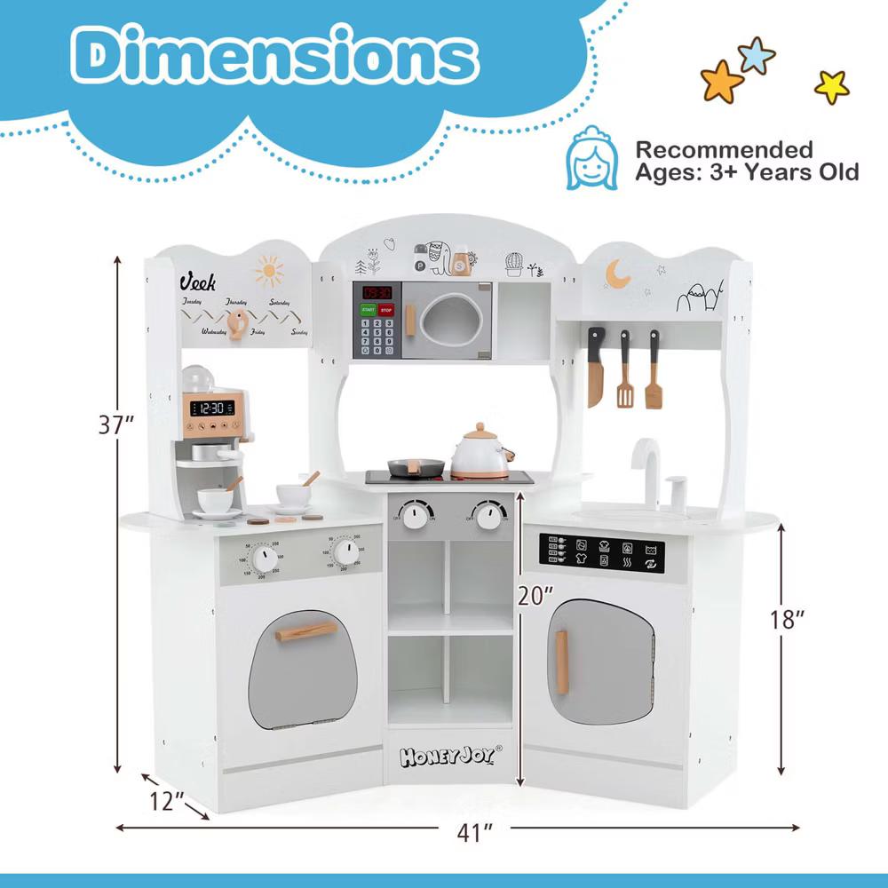 Corner Kitchen Playset with Coffee Machine Oven Microwave Washing Machine White/Brown/Pink - Image 25