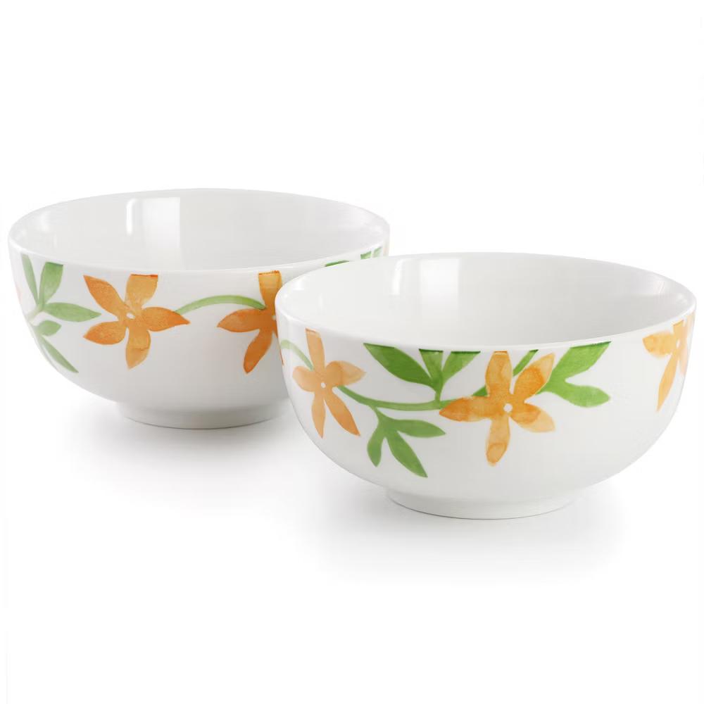 Floral 2 Piece Fine Ceramic Cereal Bowl Set in Orange - Image 6