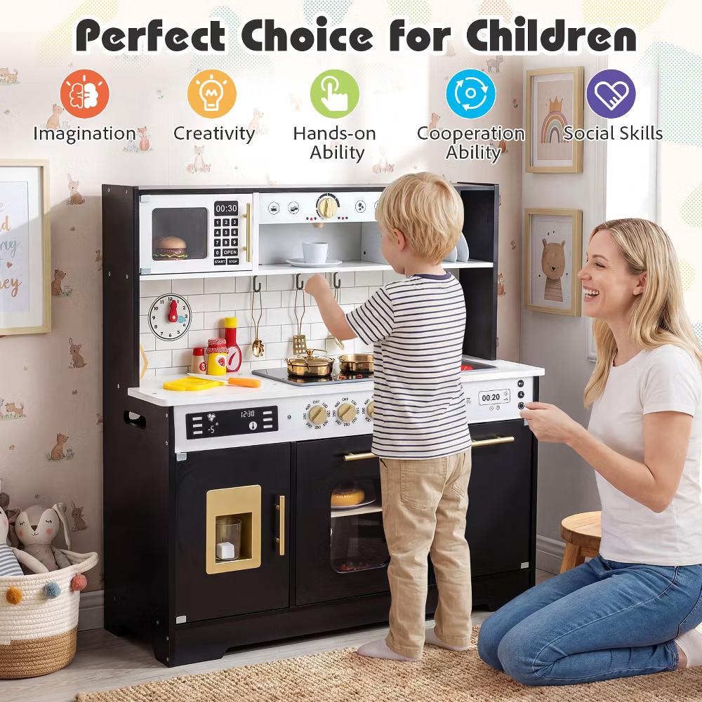 Play Kitchen for Kids, Wooden Kitchen Playset with Realistic Lights & Sounds White/Black - Image 10