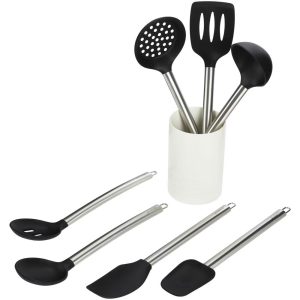 Ready 8pc Silicone Tool and Crock Set: Ladle, Spatula, Slotted Turner, Utensil Holder, Dishwasher-Safe