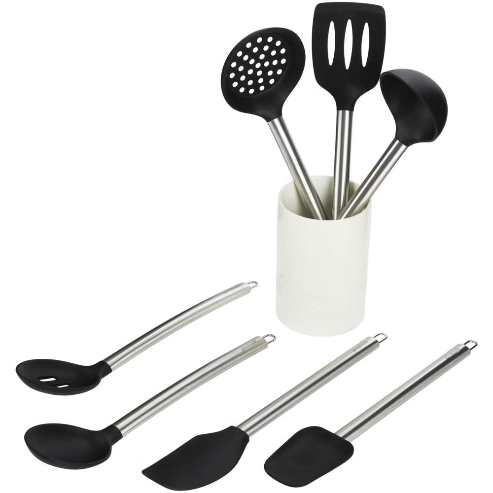 Ready 8pc Silicone Tool and Crock Set: Ladle, Spatula, Slotted Turner, Utensil Holder, Dishwasher-Safe