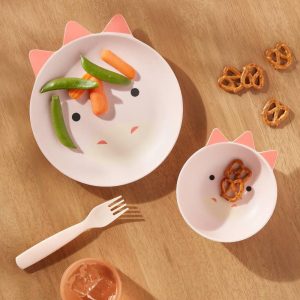 Kids' 2pc Bamboo and Melamine Dino Dinnerware Set Pink