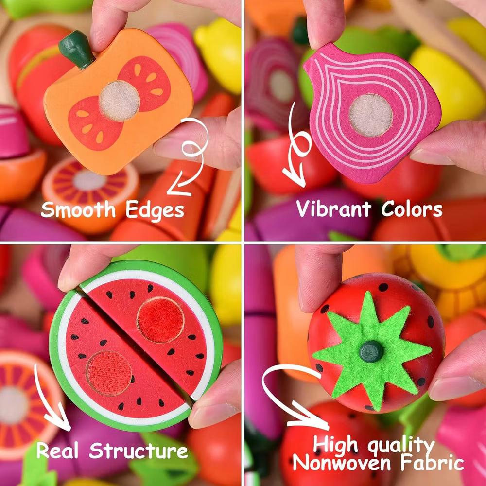 35pc Wooden Play Food Set for Kids, Pretend Cutting Fruits and Vegetables Toy with Tray, Dishes and Toy Knife - Image 2