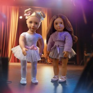Kassia 18" Ballerina Doll in Rainbow Ballet Dress: Blonde Straight Hair, Blue Eyes, No Articulation, Sports Theme