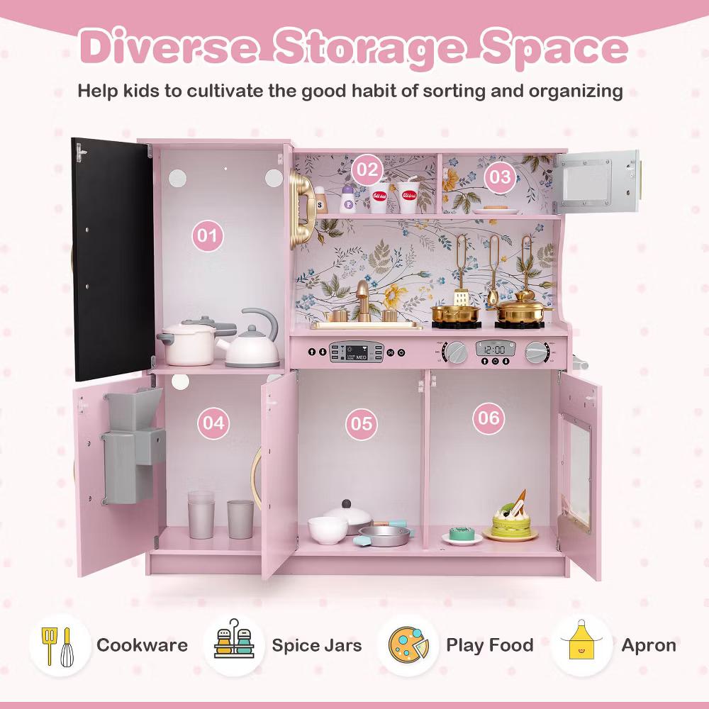 Kid's Pretend Play Kitchen Toddler Kitchen Playset with Blackboard Pink/White/Light Pink/Beige - Image 49