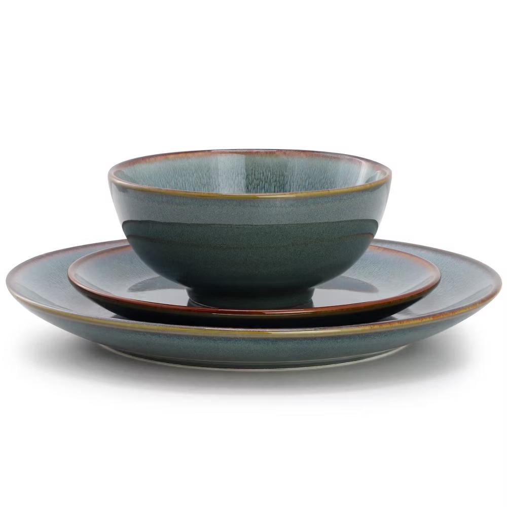 Reactive Glaze Stoneware Dinnerware Set in Blue with Brown Rim - Image 3