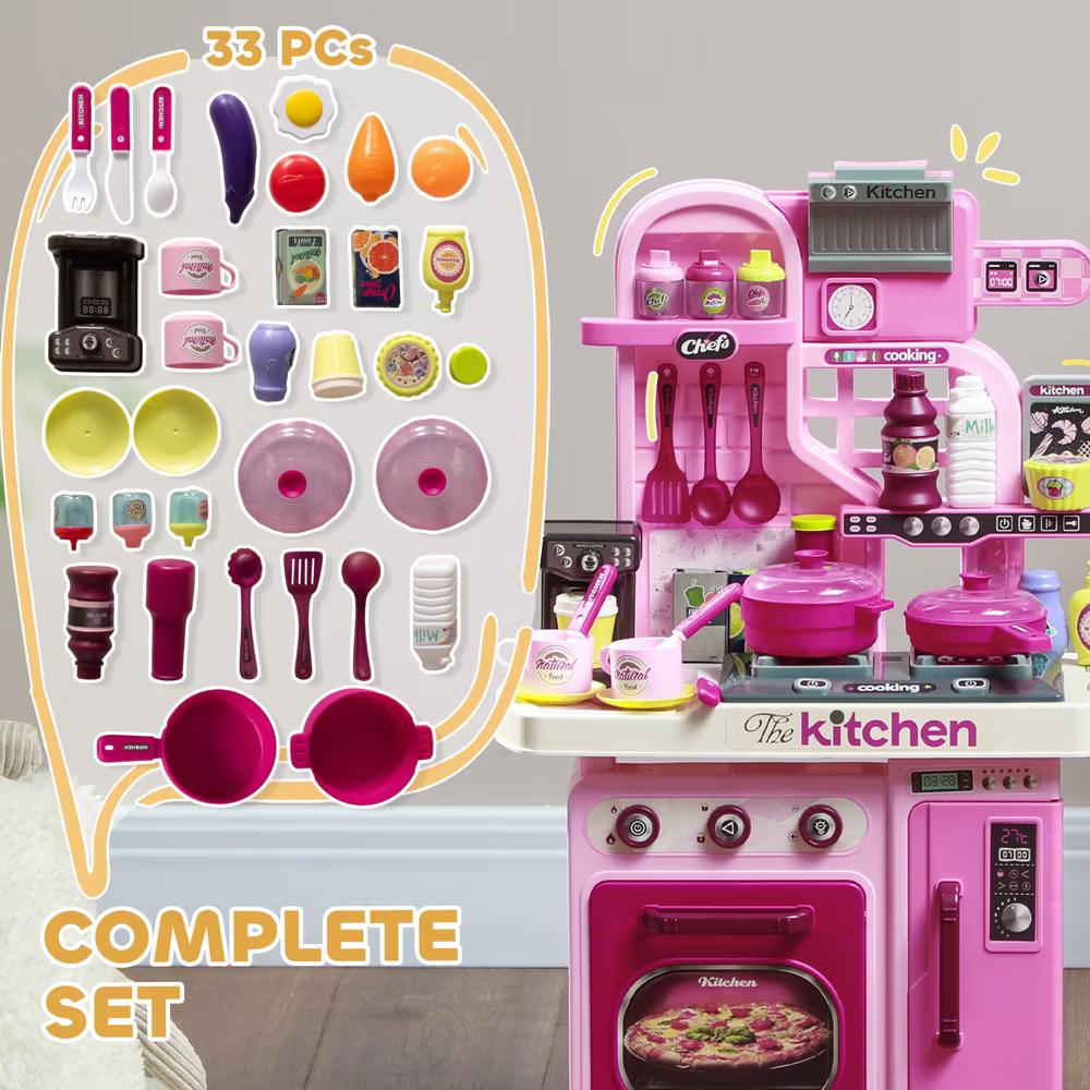 Qaba Play Kitchen, Kids Kitchen Playset, Toy Kitchen with Lights, Sounds, 33 Accessories, Storage, Interactive Playset for Toddler 3-6 Years - Image 9