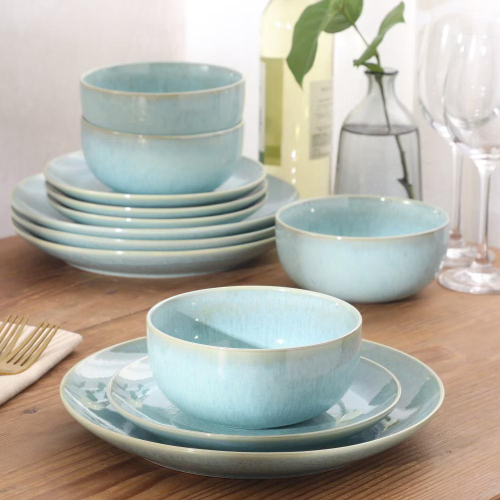 Pine Coast Plates and Bowls Sets, 12-Piece Stoneware Dinnerware Sets, Reactive Glaze Dish Set - Image 9