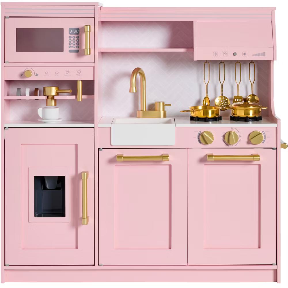 Wooden Toddler Kitchen Playset with Espresso Machine, Toy Storage and 17 Accessories - Pink - Image 10