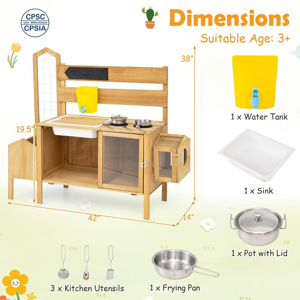 Mud Kitchen for Kids, Pretend Play Kitchen with Detachable Bird Cage,Trellis - Image 9
