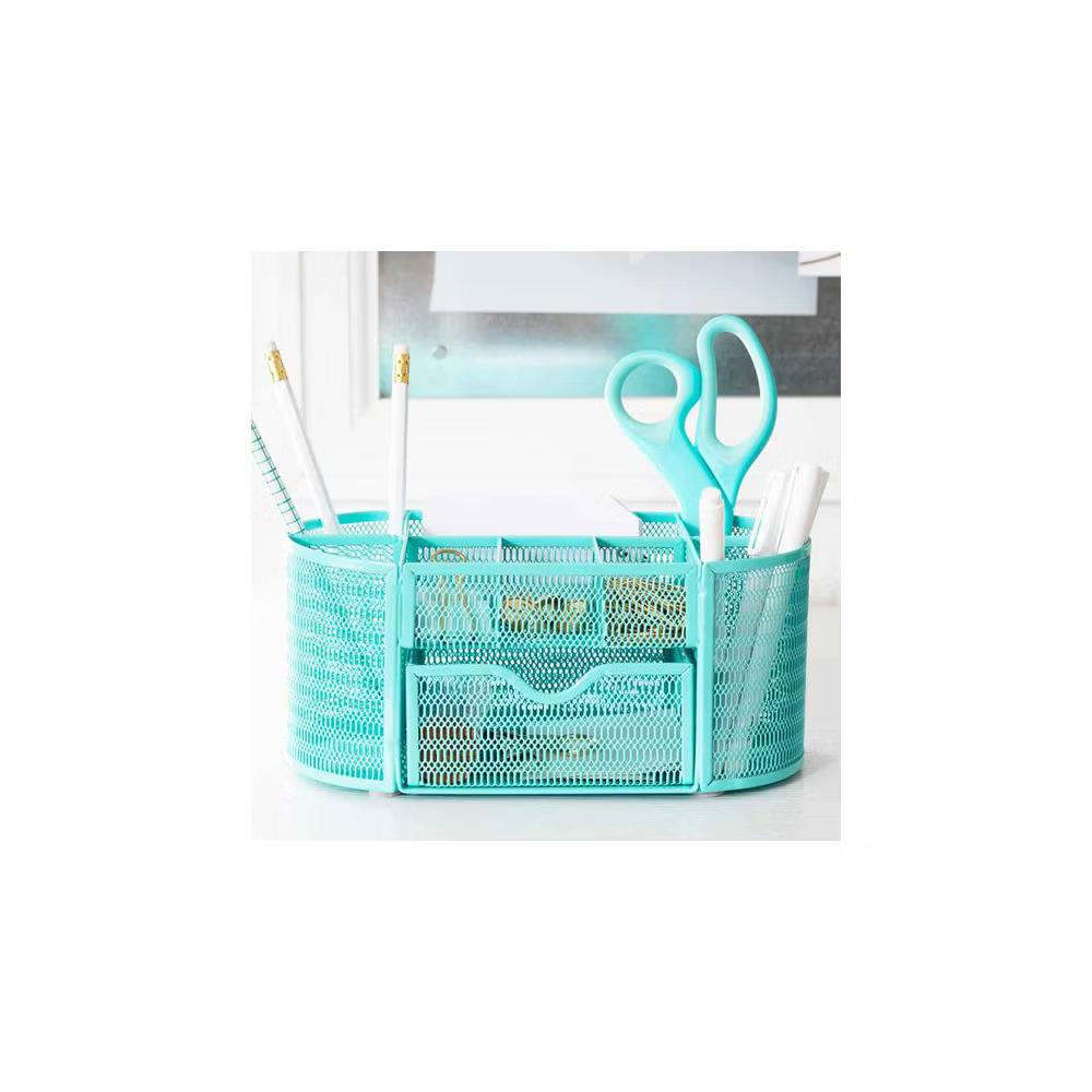 Blu Monaco Small Metal Mesh Desk Organizer with Drawer - Available in Aqua, Gold, and Pink - Image 9