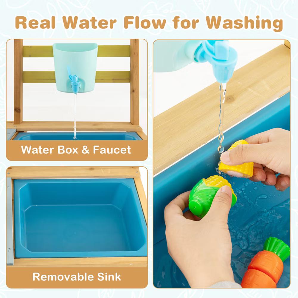 Wooden Play Kitchen Set, Outdoor Kid's Mud Kitchen with Faucet & Water Box - Image 5