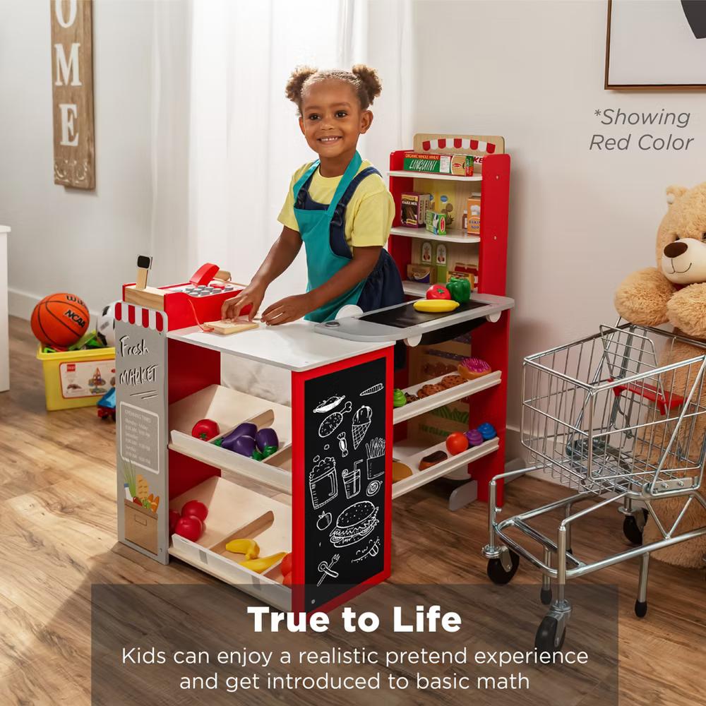 Kids Pretend Play Grocery Store Wooden Supermarket Set w/ Chalkboard, Cash Register - Red - Image 5