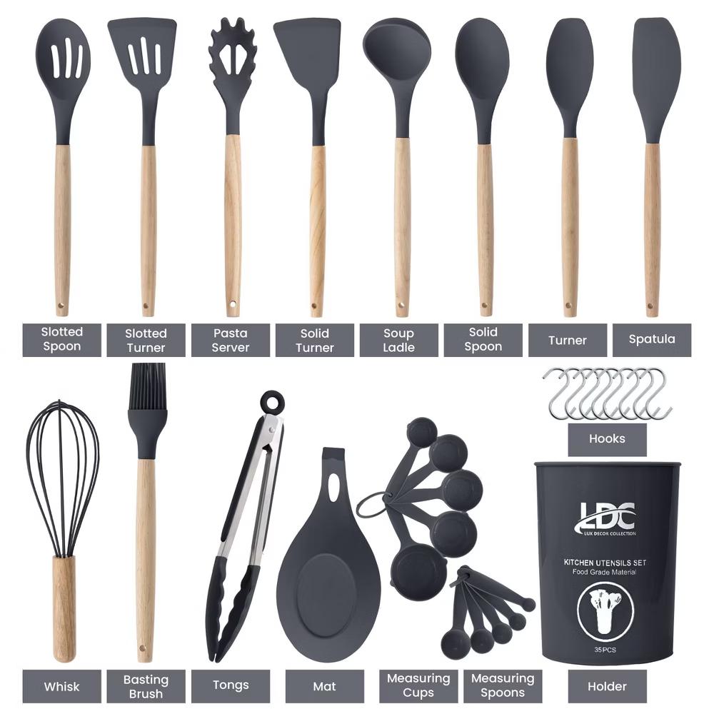 Lux Decor Cooking Utensil Set 35 Piece Silicone and Wood Kitchen Utensil Set with Holder Non Stick Kitchen Gadgets & Tools - Image 4