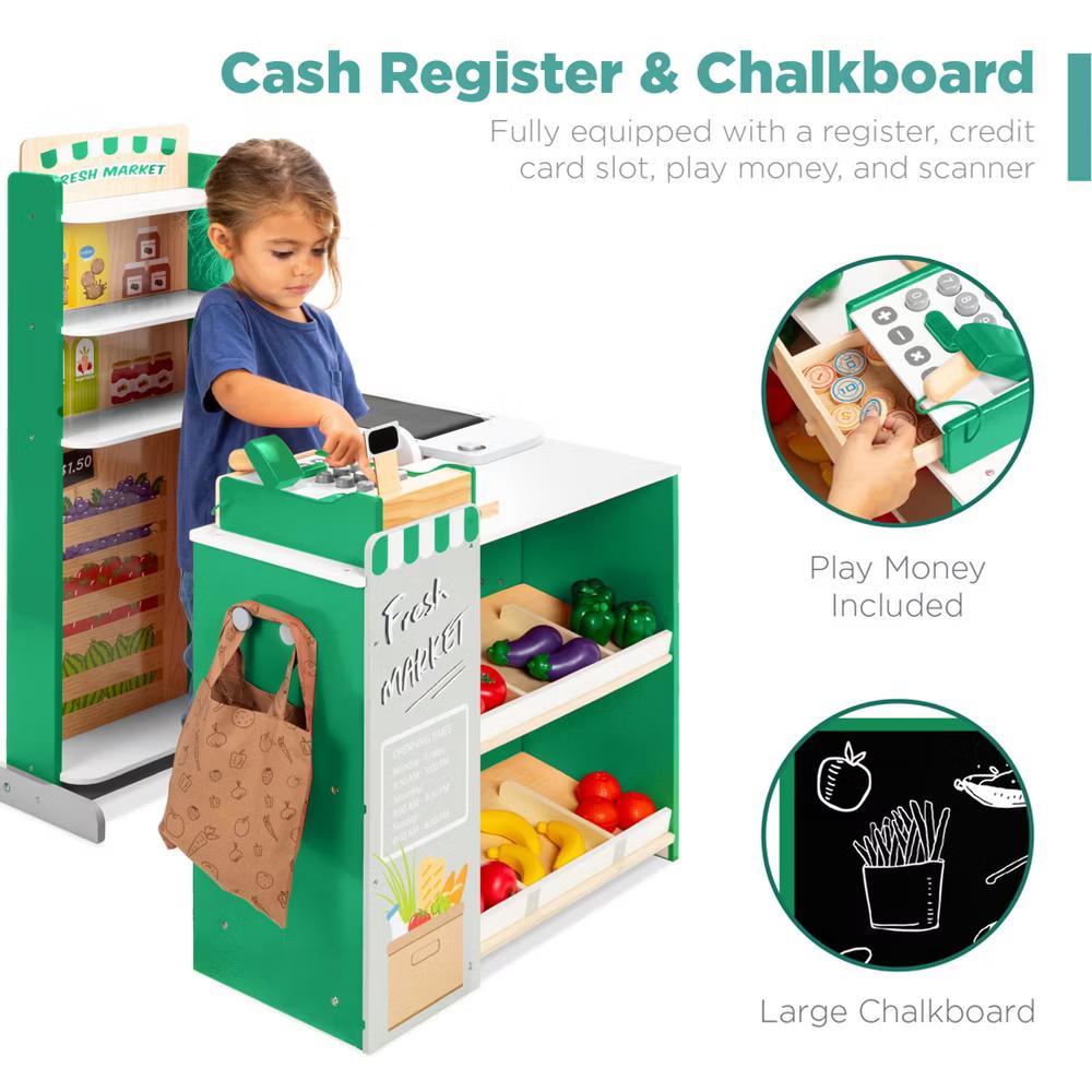 Kids Pretend Play Grocery Store Wooden Supermarket Set w/ Chalkboard, Cash Register - Red - Image 3