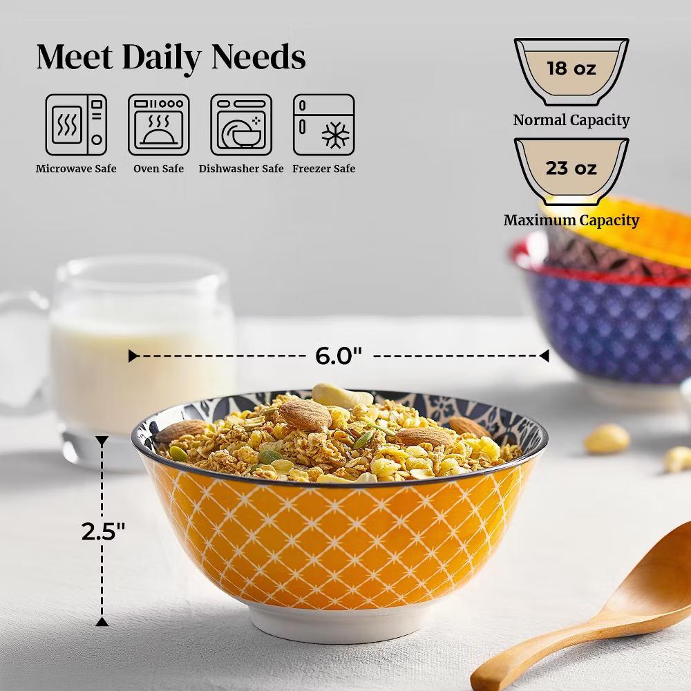 Etokfoks Set of 6 23oz Ceramic Soup and Cereal Bowls Vibrant Colorful Geometric Porcelain Kitchen Bowls Dishwasher Microwave Safe