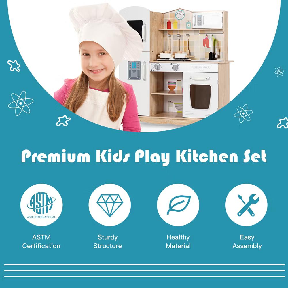 Wooden Kids Pretend Kitchen Playset Cooking Play Toy w/ Utensils & Sound - Image 5