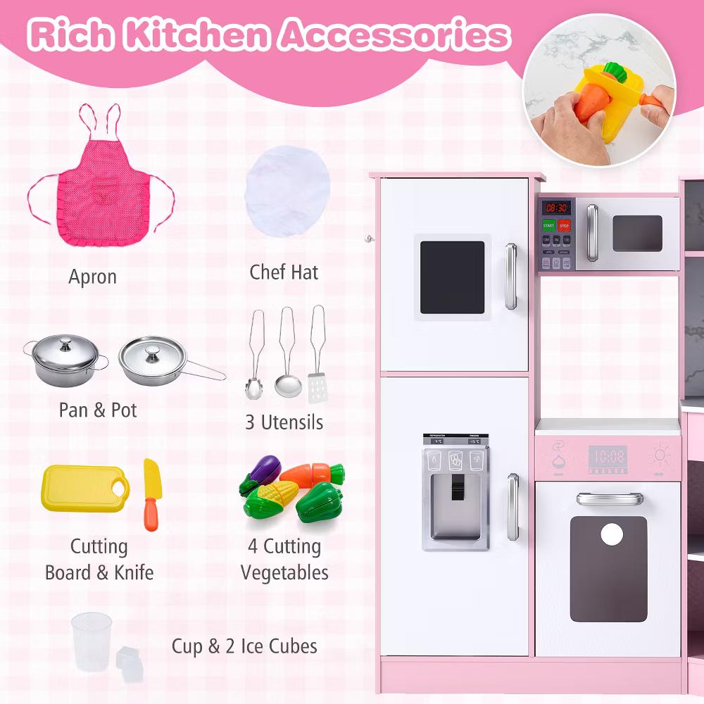 Kids Corner Kitchen Playset Wooden Pretend Play Toy w/ Microwave & Ice Maker - Image 9