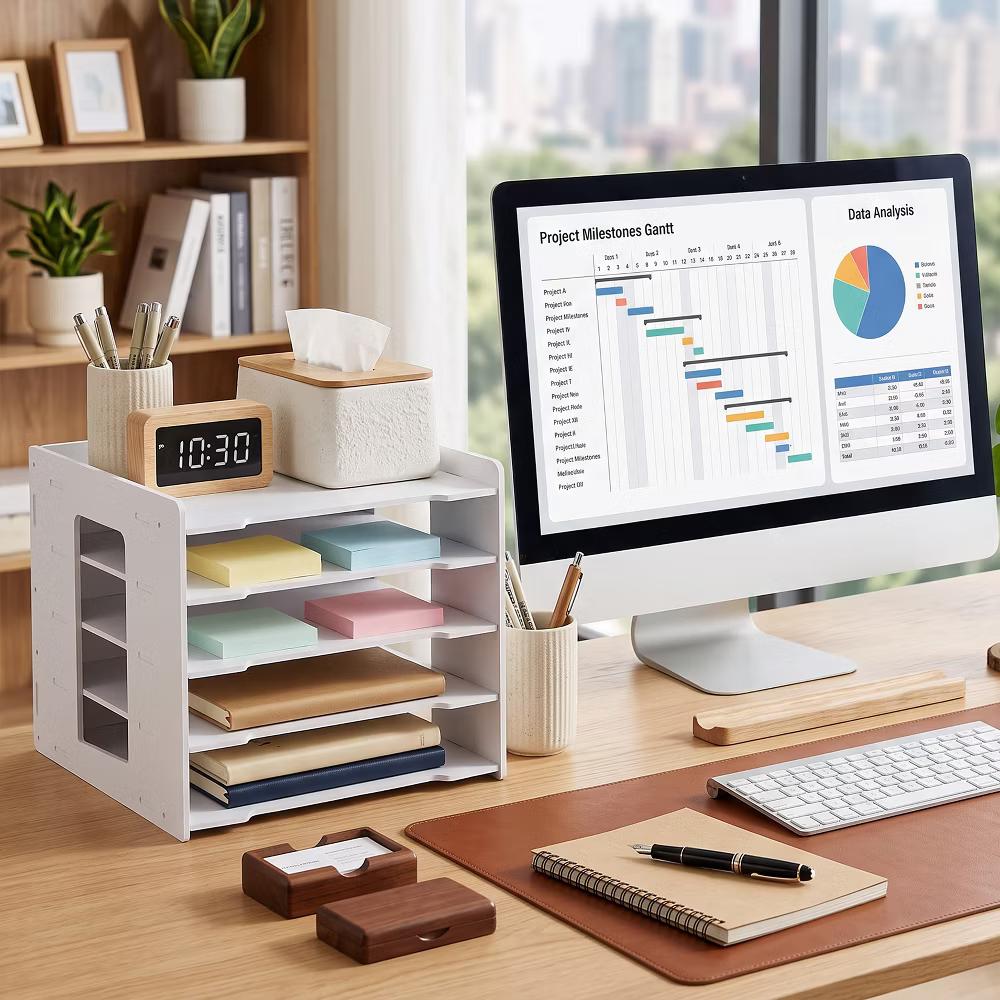 Multi-Layer Desktop File Organizer, Adjustable A4 Paper Storage Rack, Waterproof PVC Wood Plastic Board, Office Desk Folder Holder - Image 16