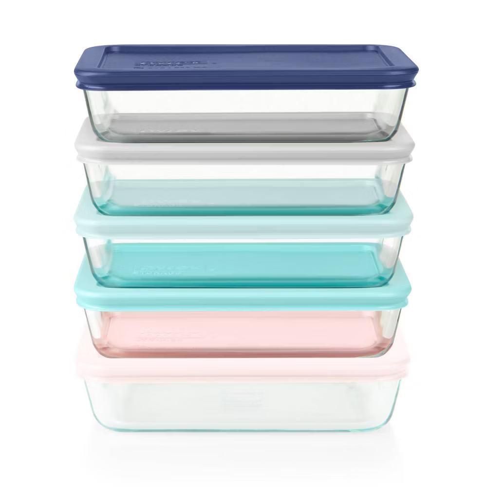 Pyrex 10pc Glass Meal Prep Set: Clear Glass Food Storage Containers with Plastic Lids, Dishwasher-Safe