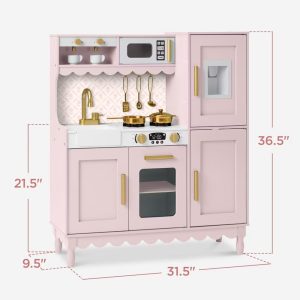 Wooden Cottage Kids Pretend Play Kitchen with 11 Accessories, Espresso Machine - Pink