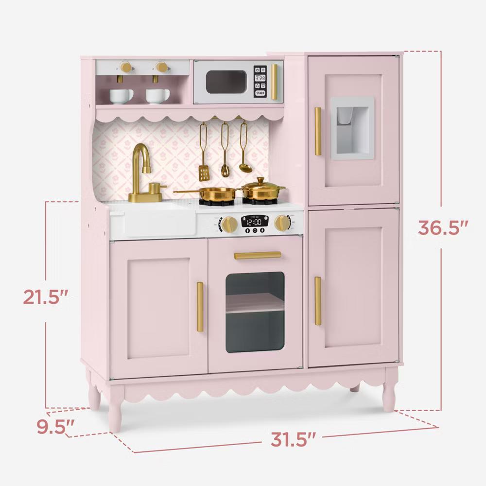 Wooden Cottage Kids Pretend Play Kitchen with 11 Accessories, Espresso Machine - Pink