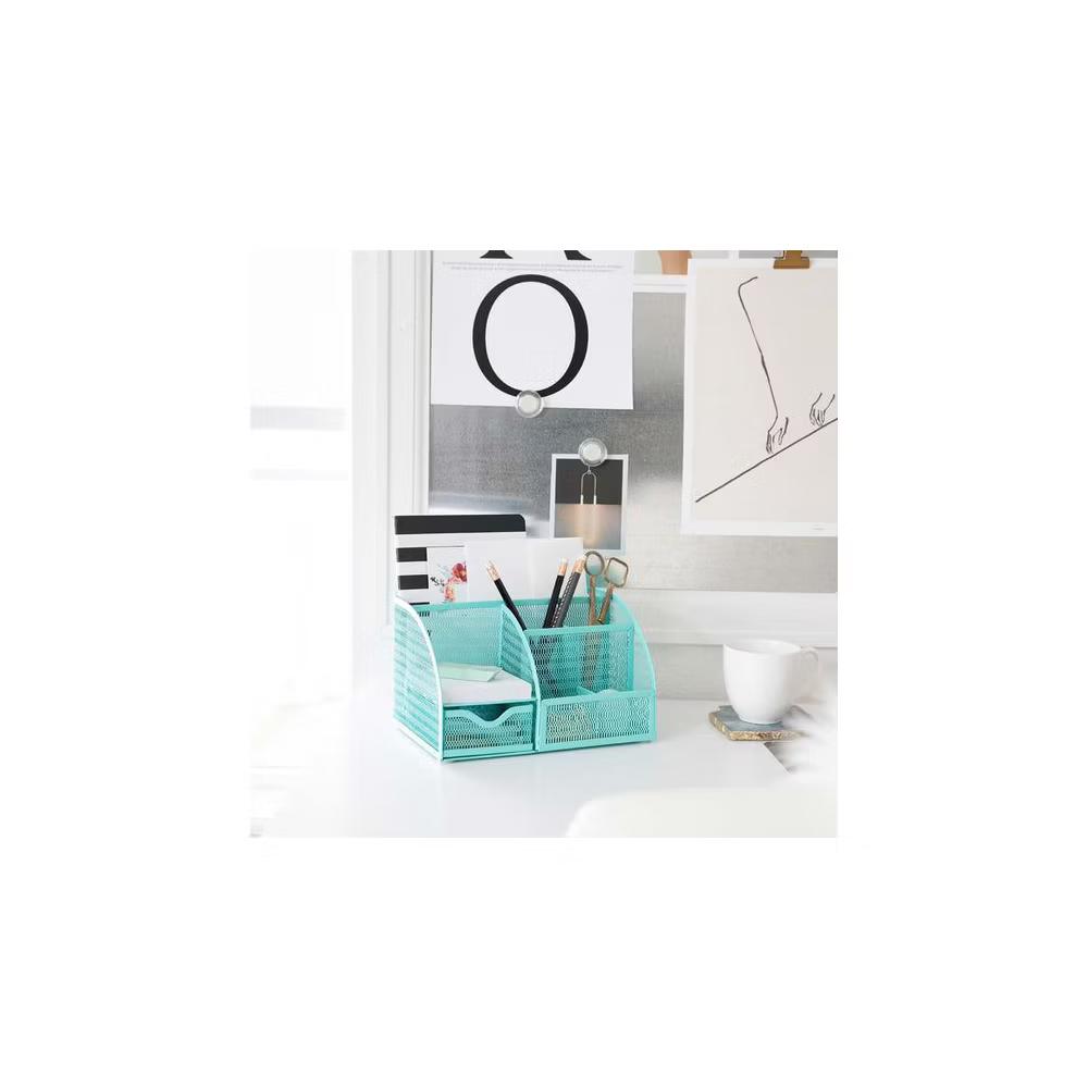 Blu Monaco Desk Organizer with Drawer - Small Metal Mesh Organizer Available in Aqua, Gold, and Pink - Image 3