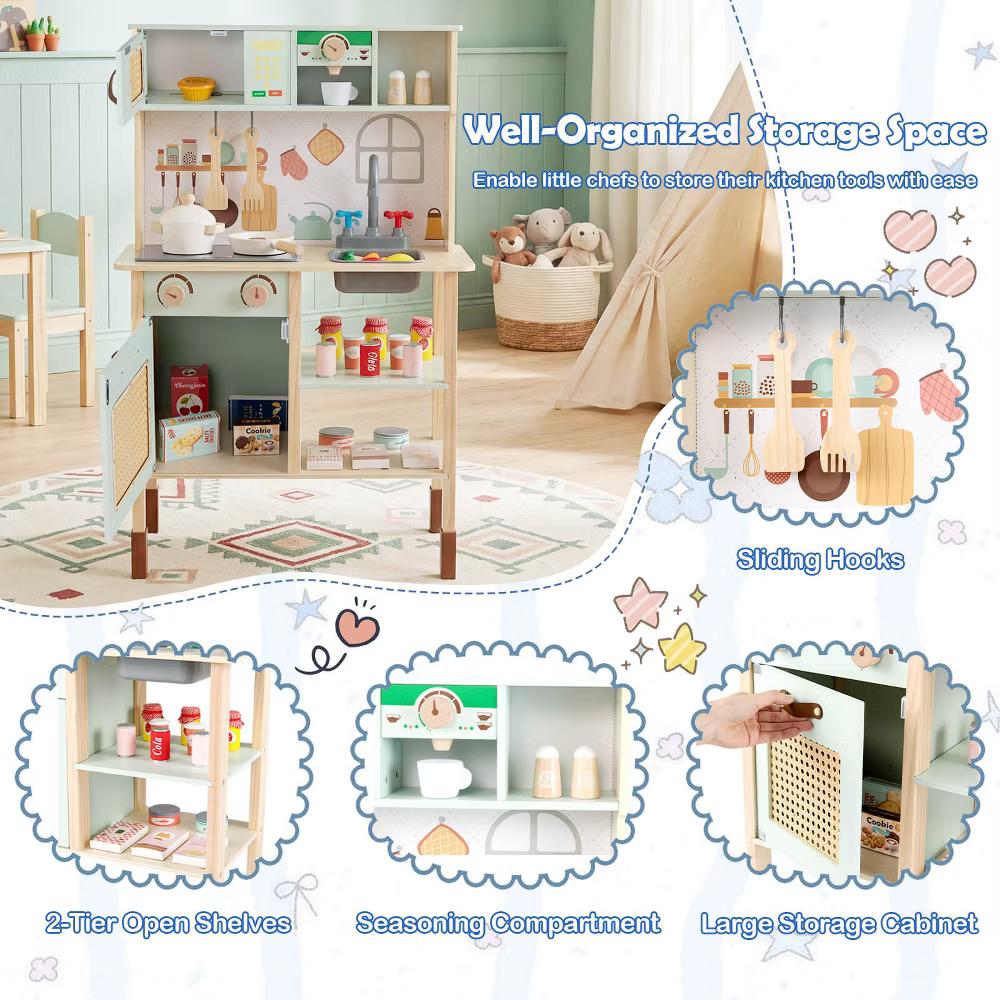 Kids Play Kitchen Wooden Pretend Kitchen Playset w/ Rattan Doors Wood Legs - Image 7
