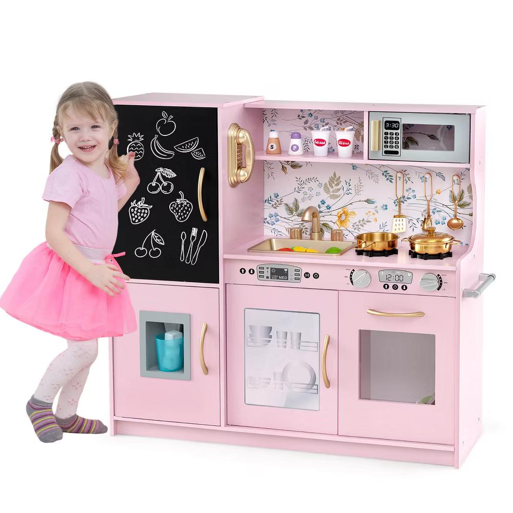 Kid's Pretend Play Kitchen Toddler Kitchen Playset with Blackboard Pink/White/Light Pink/Beige - Image 43