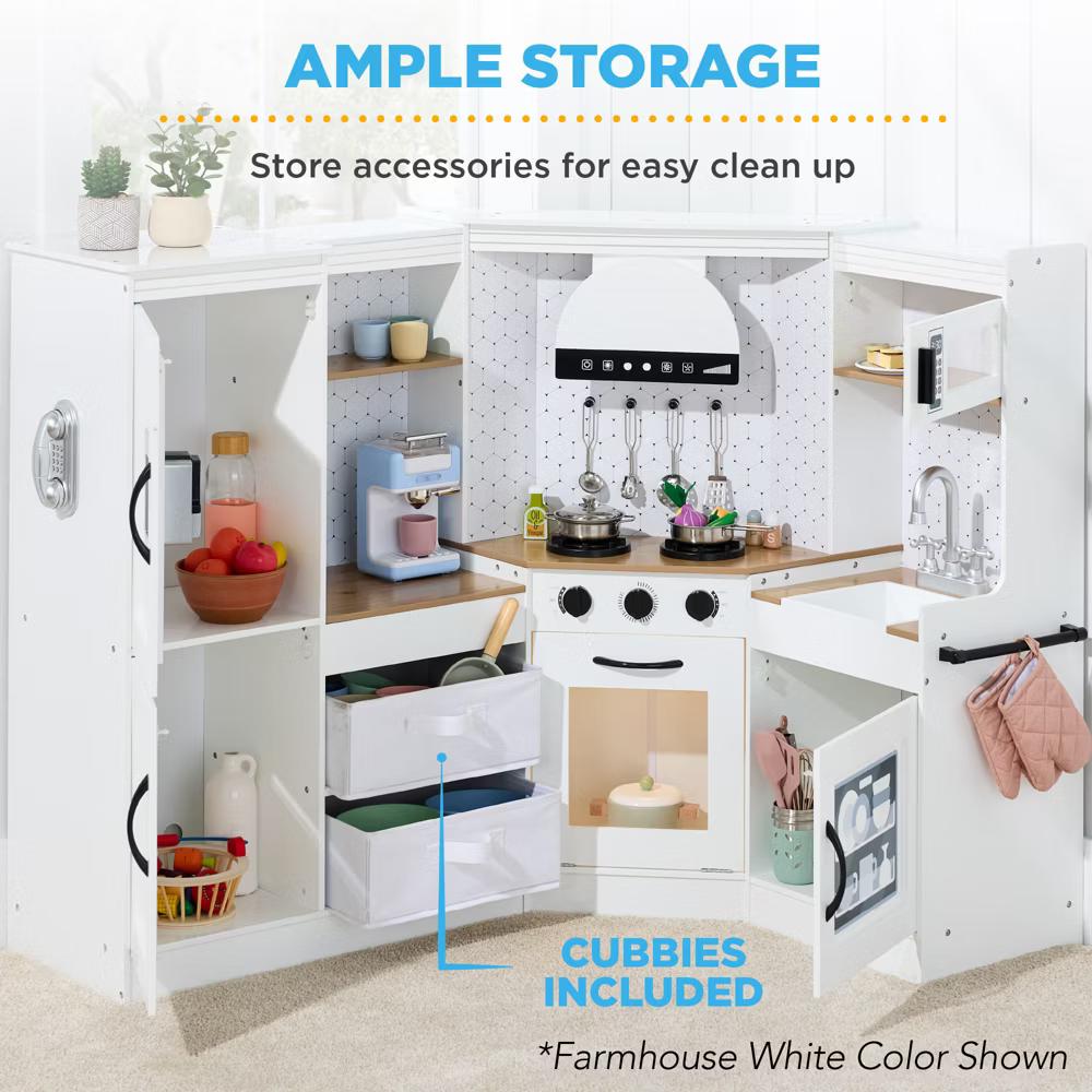 Pretend Play Corner Kitchen, Interactive Wooden Kids Set w/ Lights & Sounds - White - Image 49