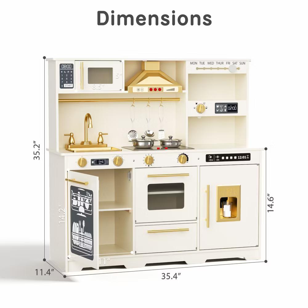 Wooden Play Kitchen for Kids with Running Water Sink, Interactive Stove, Ice Maker, Microwave, Oven & Dishwasher, Ages 3+ - Image 5