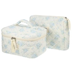 Women's Quilted Makeup Bag Large Capacity Cosmetic Bag White 2 Pcs