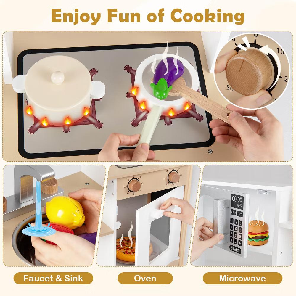 Play Kitchen with Chalkboard Microwave Stove Dish Rack Faucet Sink Accessories White + Natural/Blue/Green + White - Image 18