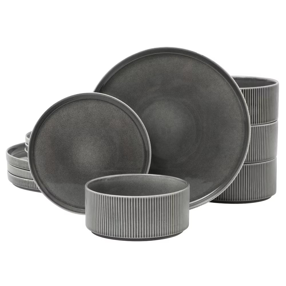 Solana Coast 12 Piece Stoneware Reactive Glaze (Service for 4) Ceramic Plates and Bowls Modern Shape Embossed Dinnerware Set - Image 16