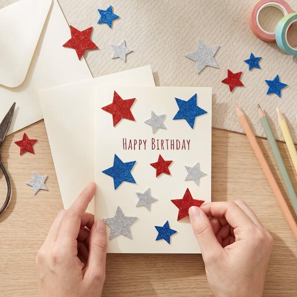 Red White and Blue Glitter Self-Adhesive Foam Star Stickers, Patriotic Stickers for 4th of July, Memorial Day (210pcs)