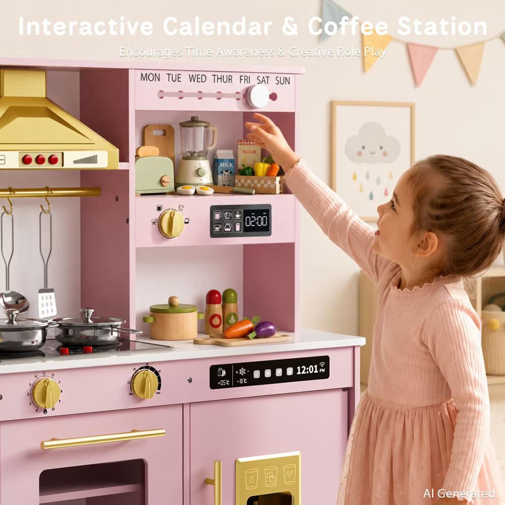 Wooden Play Kitchen for Kids with Running Water Sink, Interactive Stove, Ice Maker, Microwave, Oven & Dishwasher, Ages 3+ - Image 59