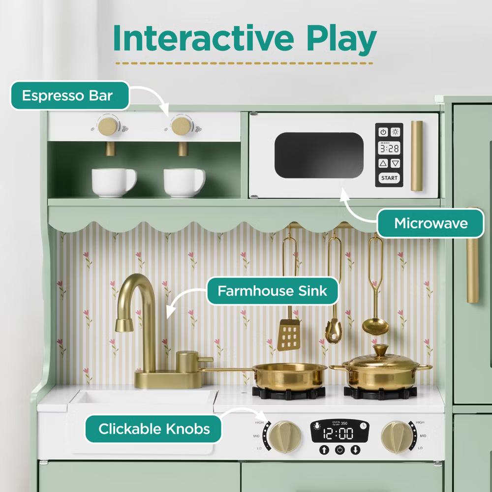 Wooden Cottage Kids Pretend Play Kitchen with 11 Accessories, Espresso Machine - Pink - Image 31