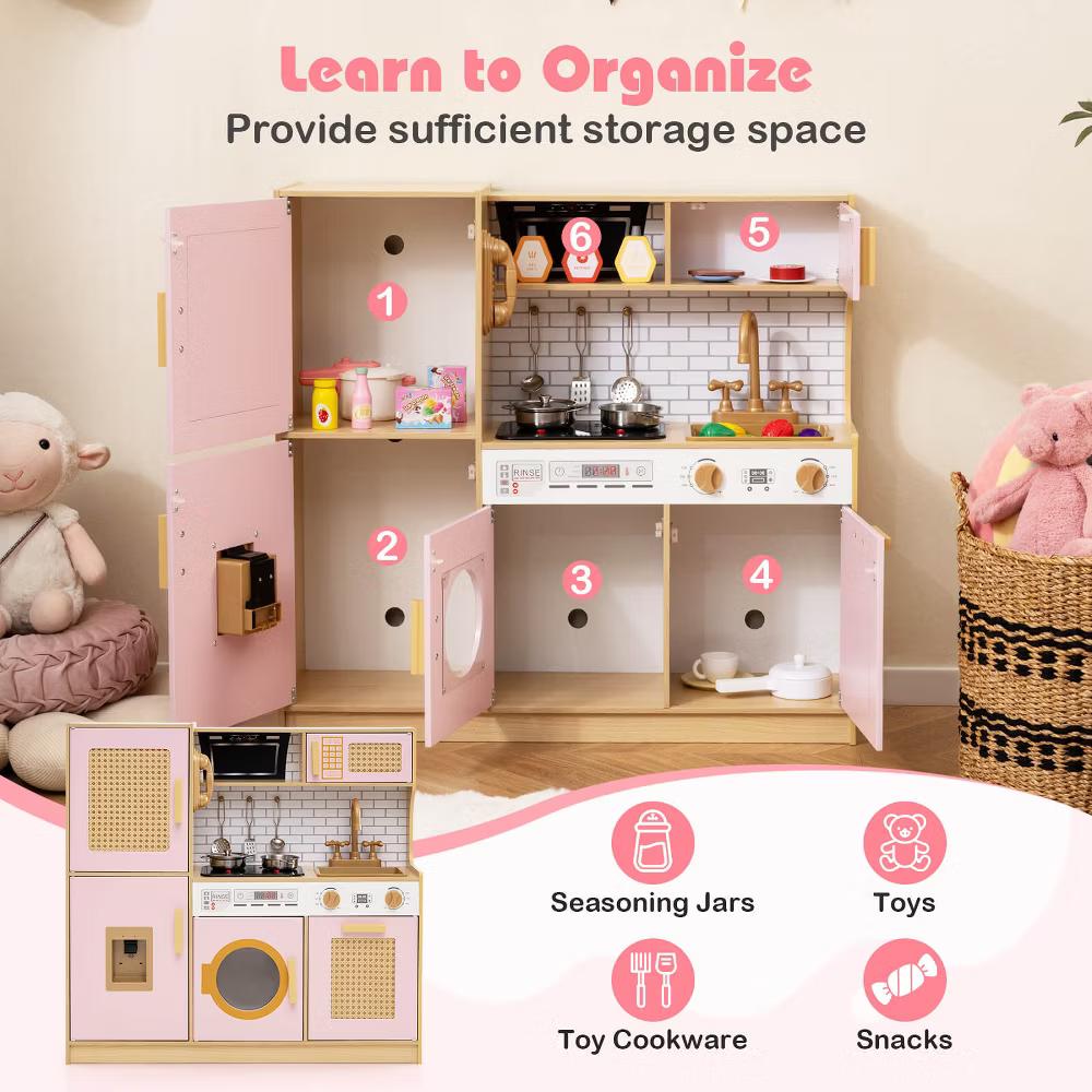 Wooden Kids Kitchen Playset Pretend Play Kitchen with Real Sounds Lights Pink/Yellow - Image 5