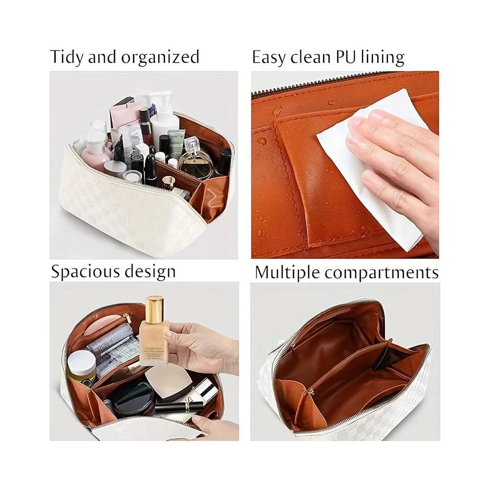 Checkered Makeup Bag, Large Capacity Cosmetic Bag with Handle, Portable Waterproof Travel Toiletry Organizer for Women - Image 7