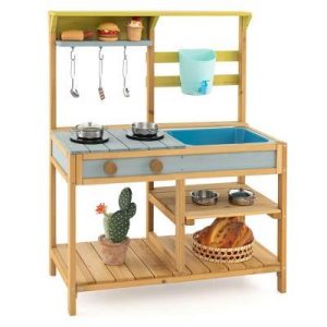 Wooden Play Kitchen Set, Outdoor Kid's Mud Kitchen with Faucet & Water Box