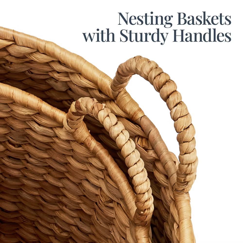 Round Storage Basket w/ Handles, Handwoven Water Hyacinth, Storage Organizer Tote - Natural - Image 4