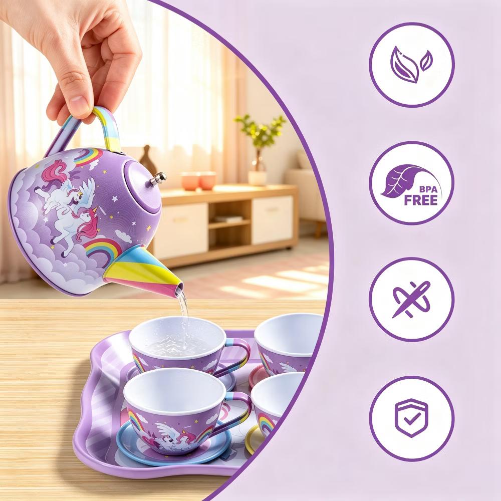 15PCS Unicorn Tea Party Set for Little Girls, Pretend Tin Teapot Set, Princess Tea Time Play Kitchen Toy w/ Case, Birthday Gift for Kids Age 3-6 - Image 3