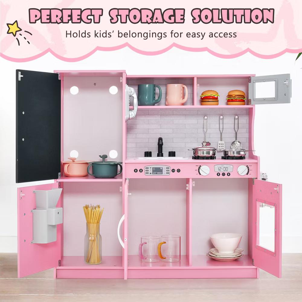 Kid's Pretend Play Kitchen Toddler Kitchen Playset with Blackboard Pink/White/Light Pink/Beige - Image 68