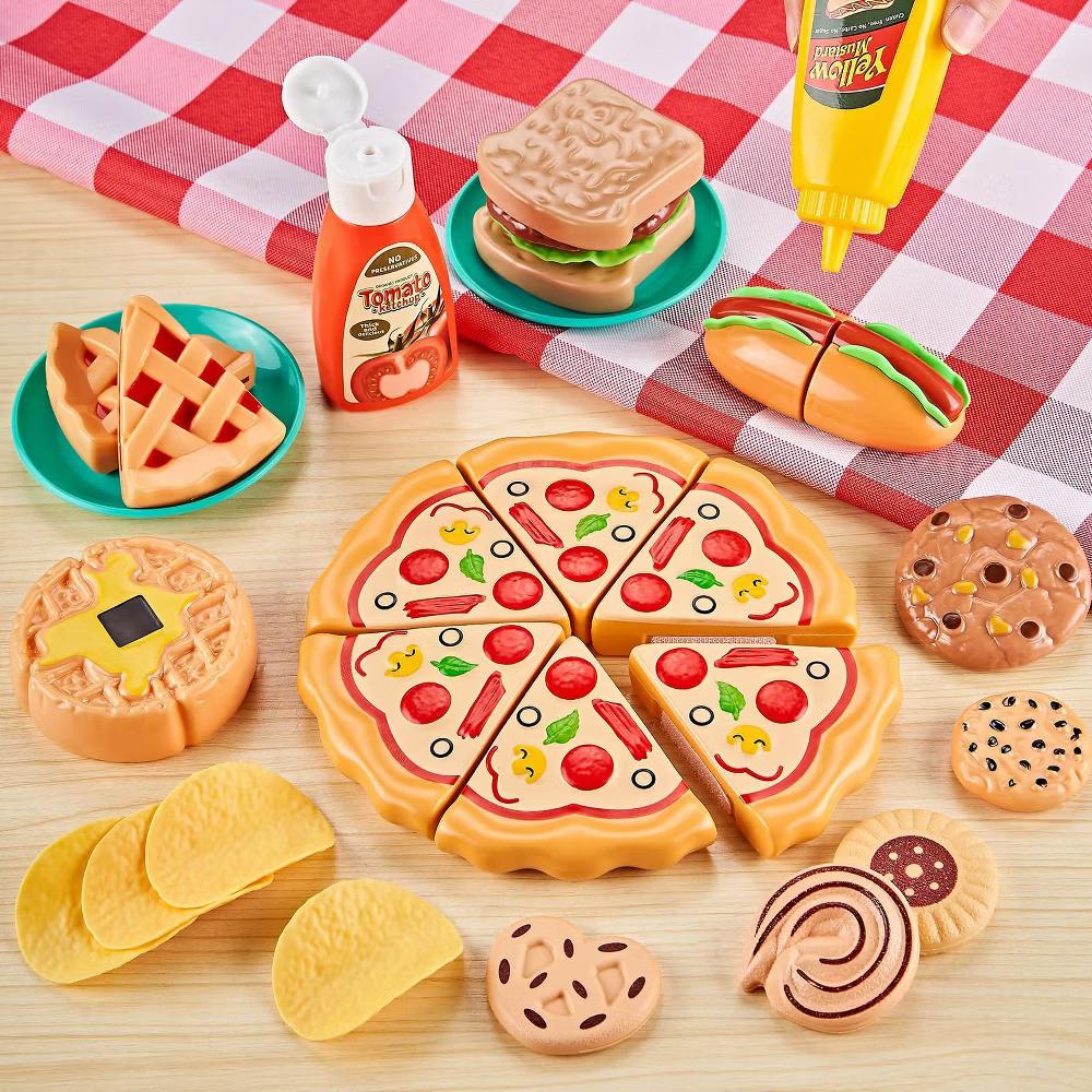 Etokfoks 85pcs Pretend Play Food Set for Kids Kitchen Cutting Toy Food with 2 Baskets Realistic Fruits Veggies Pizza Accessories - Image 6