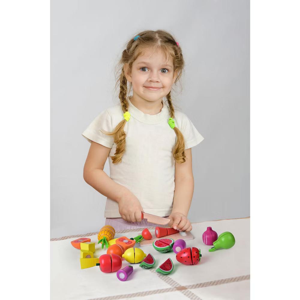 35Pcs Wooden Cutting Food Play Set with Storage Crate, Pretend Fruit & Veggie Toys, Play Kitchen Accessories for Kids - Image 8
